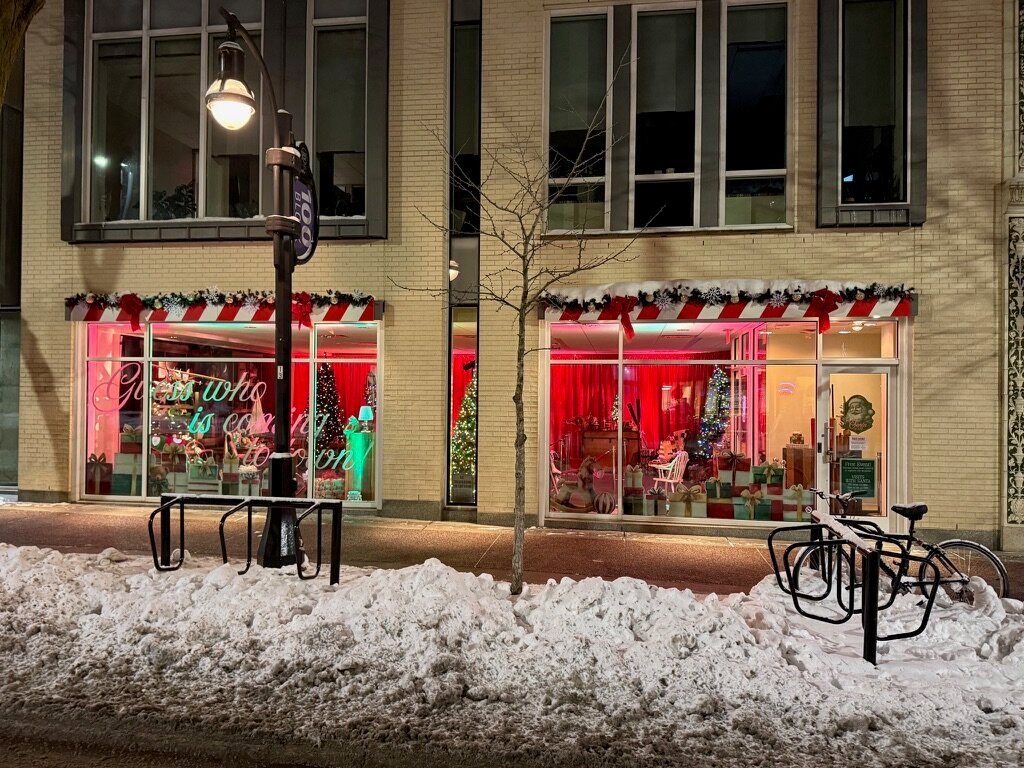 Storefront windows on State Street lit up for the holidays at night